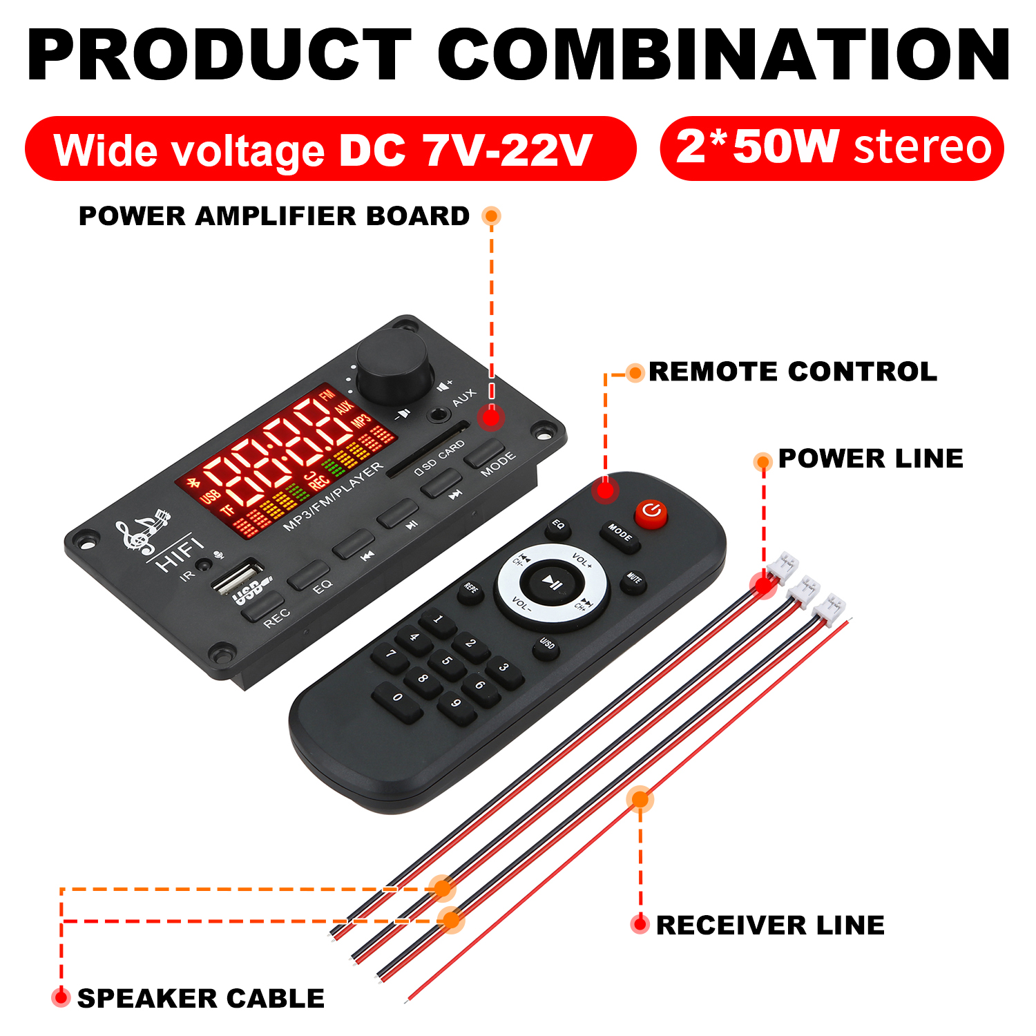Wzmacniacz 100W Dekoder MP3 Bluetooth5.0 Samochodowy odtwarzacz MP3 Moduł nagrywania USB Radio FM AUX Do głośnika Zestaw głośnomówiący