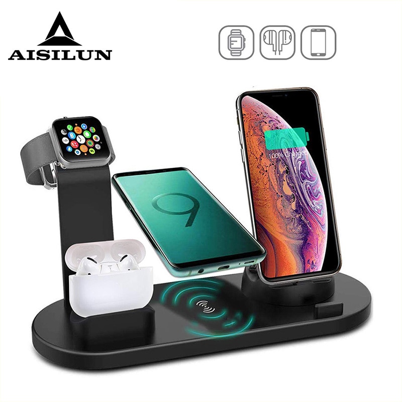 6 in 1 kabellos aufladen Pad Stehen Für Apfel Uhr 5 4 3 2 1 iPhone 11 X XS XR 8 Airpods Profi 10W Qi Schnelle Ladegerät Dock Bahnhof