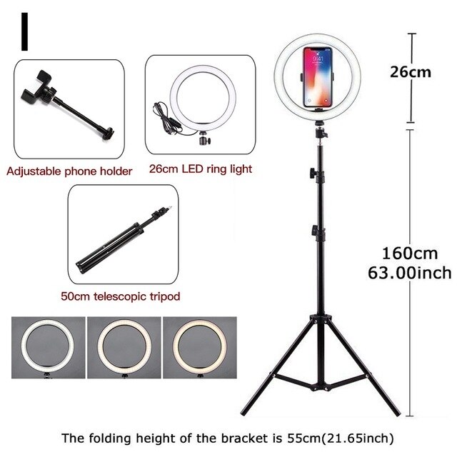 LED Beauty Ring Light Camera Photo Studio Phone Video Photography Dimmable Ring Lamp+Tripod for Selfie: Size I