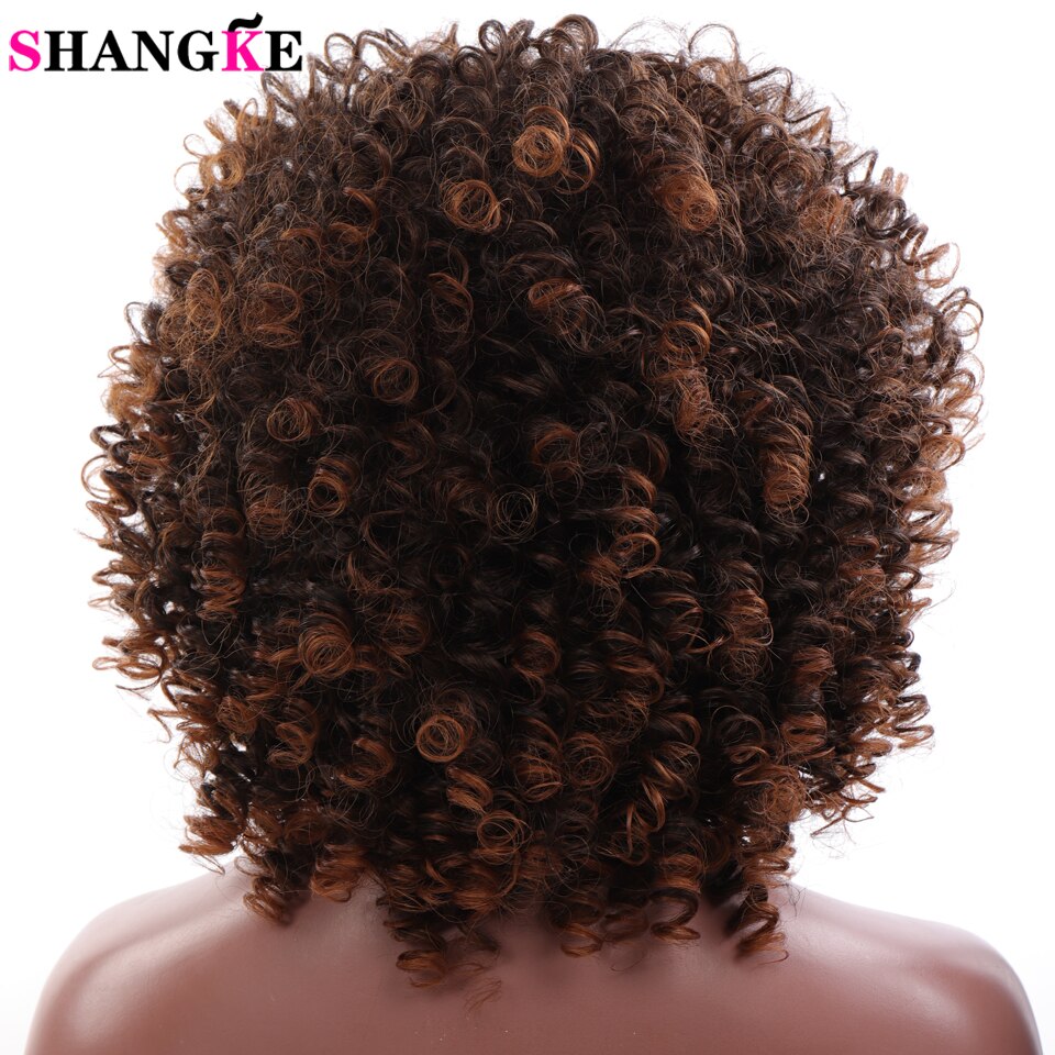 Shangke syntetisk 14 &quot; kort hår ombre svart brun gyllene peruker för kvinnor kinky lockig afro peruk afroamerikan