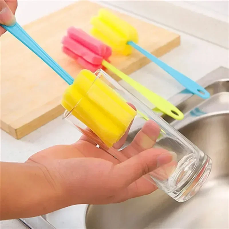 Spazzola per biberon con manico lungo Spazzola in spugna morbida Bottiglia d'acqua Tazza di vetro Strumento per la pulizia del lavaggio Strumento per la pulizia della cucina Strumento speciale: Arancione
