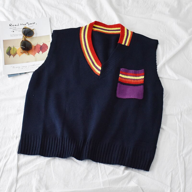 Pull gilet femmes printemps Patchwork poche col en v Kawaii coréen Preppy Style femmes gilet sans manches Chic doux
