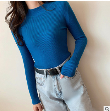Zjaiss 2025 Herfst Basic Dieptepunt Trui Top Vrouwen Geribbelde Zachte Mock Hals Elastische Trui Warme Effen Kleur Slanke Jumper: Marineblauw