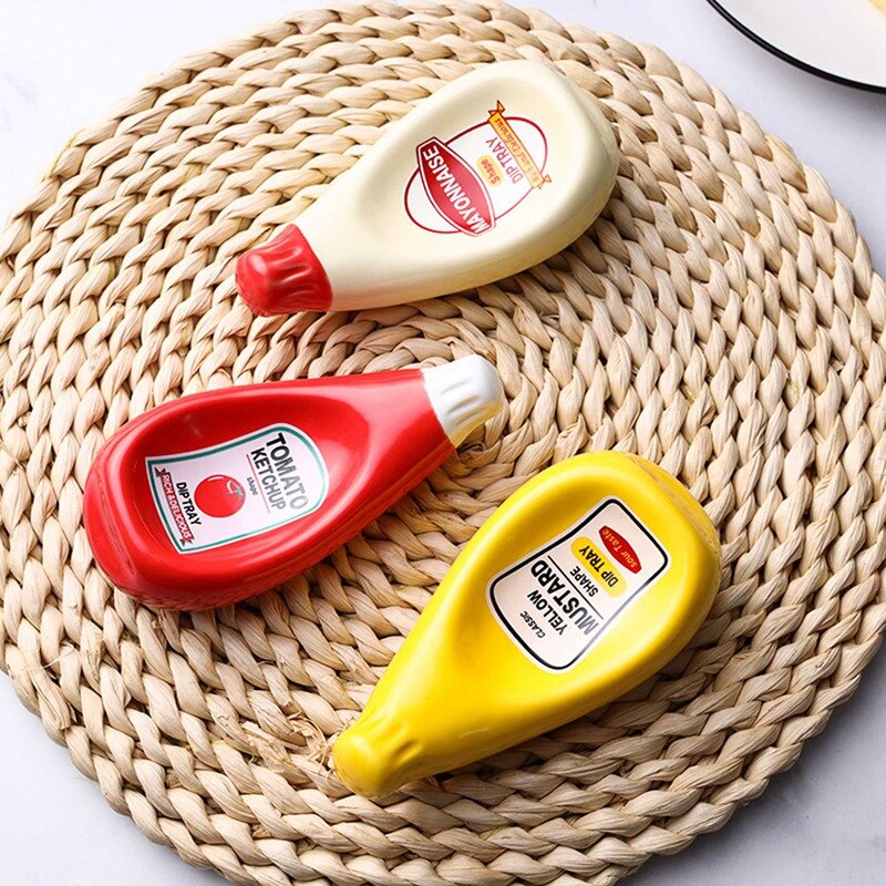 2 Pcs Ceramic Tomato Sauce Bottle Shape Dish Soy Sauce Plate Ketchup Mayonnaise Mustard Seasoning Dish S, Beige &amp; Red
