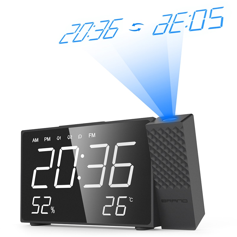 Digital radioprojektor väckarklocka ström tillbaka usb-laddare spegeldisplay tid vakna skrivbord bord led alarmklocka temperatur