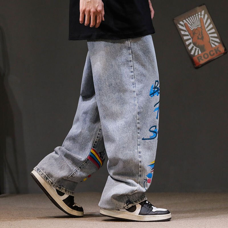 Rainbow Jeans Men Hip Hop Blue Pants Retro Baggy Jeans Harajuku Summer High Street Casual Hip Hop Pant Streetwear Males