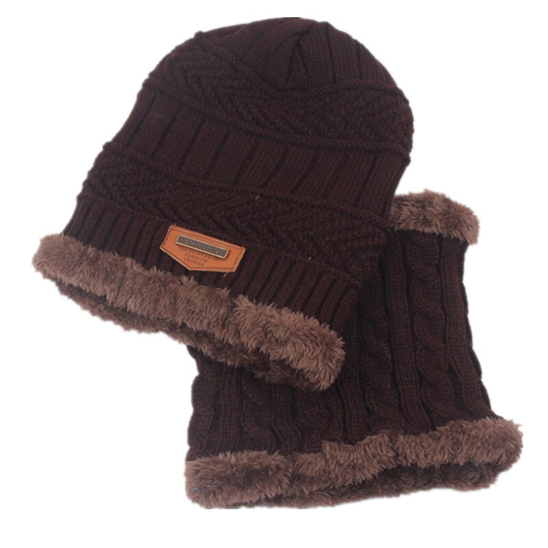 Efterår vinter plus velvet hat tørklæde sæt barn 2 stk varme børn vinter uld beanies strikkede hatte krave til 1-6 år gamle børn: Kaffe