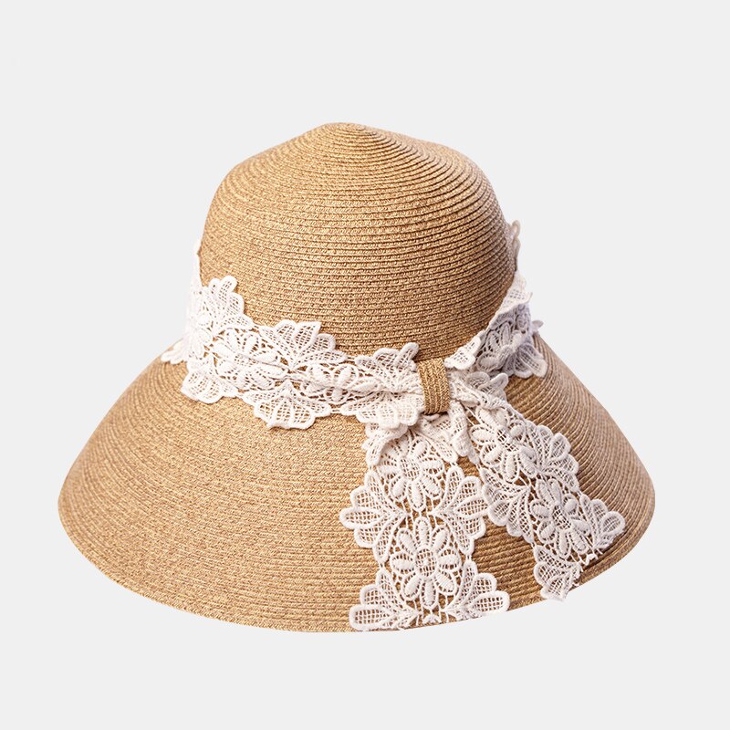 Summer Ladies Summer Straw Hat With Lace Sun Visor Wide Brim Hats For Women SW129002: Mix Camel