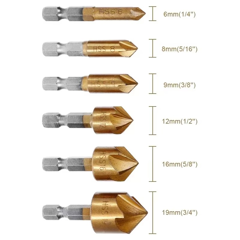 Woodwork Drill Bit Set Titanium Coat Counter Sink Wood Hole Cutter Metal Plastic 5 Flute Chamfer Ream 90 Degree Tool