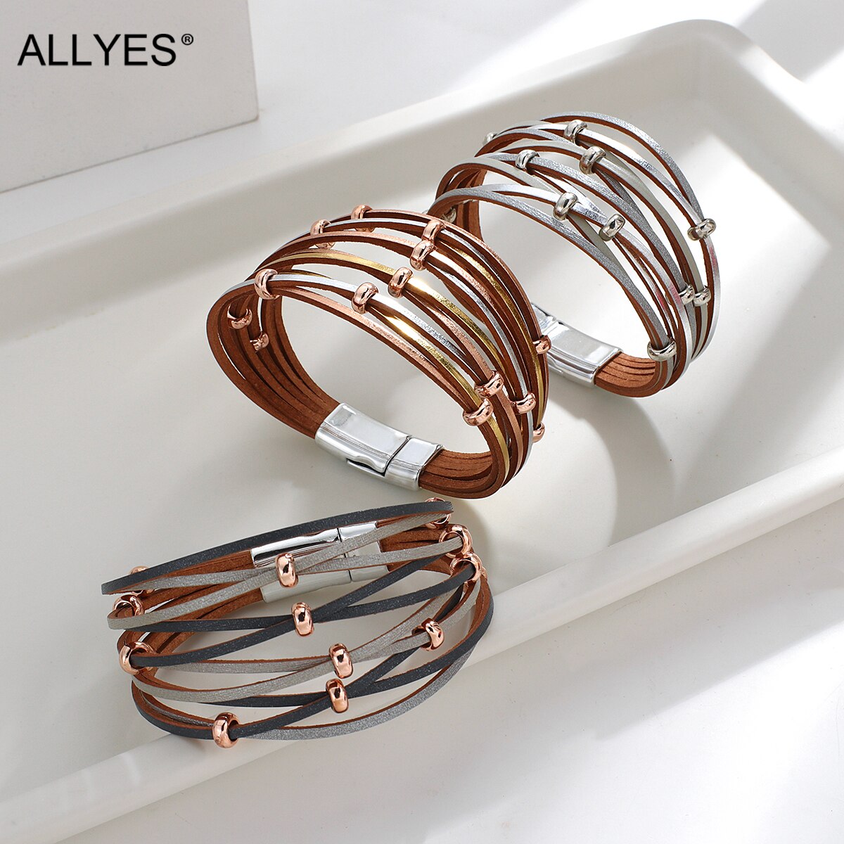 Allyes simples boho cruz buraco líquido contas de metal ampla envoltório pulseiras para mulheres multicamadas pulseira de couro feminino jóias presentes