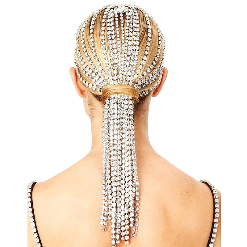 StoneFans Trendy Strass Haar Zubehör Kette für Frauen Schmuck Elegante Volle Kristall Quaste Haarbänder Lange Kette Headwear