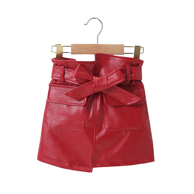 Dzieci spódnice dziewczyny PU skórzane spódnice łuk kieszeń pas dziewczyny spódnica nowa skórzana dziewczyna krótkie spódniczki 3-7 lat odzież dziecięca