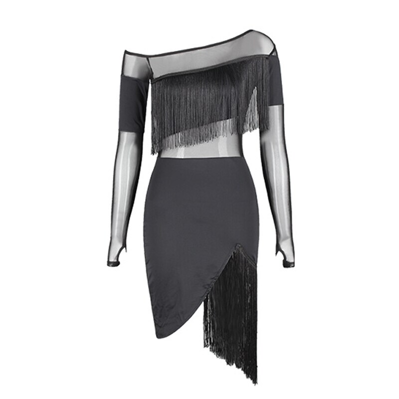 Latin Dance Dress For Women Fringe Competition Dress Black Irregular Dress Party Show Samba Salsa Dance Costumes DNV14632: Long Sleeves / M