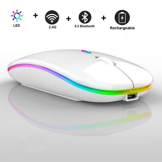 Bluetooth Wireless With USB Rechargeable RGB Mouse BT5.2 For Laptop Computer PC Macbook Gaming Mouse 2.4GHz 1600DPI: WHITE