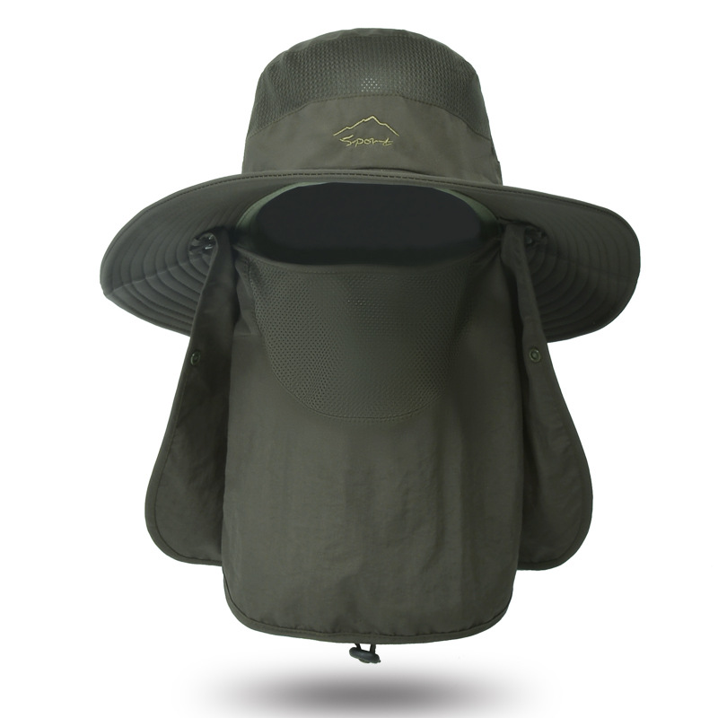 Summer Sun Protection Big Size 62CM Bucket Hats 3-piece Sunscreen Climbing Hat Sun Hat with Neck Flap Removable Fishing Hat: army green