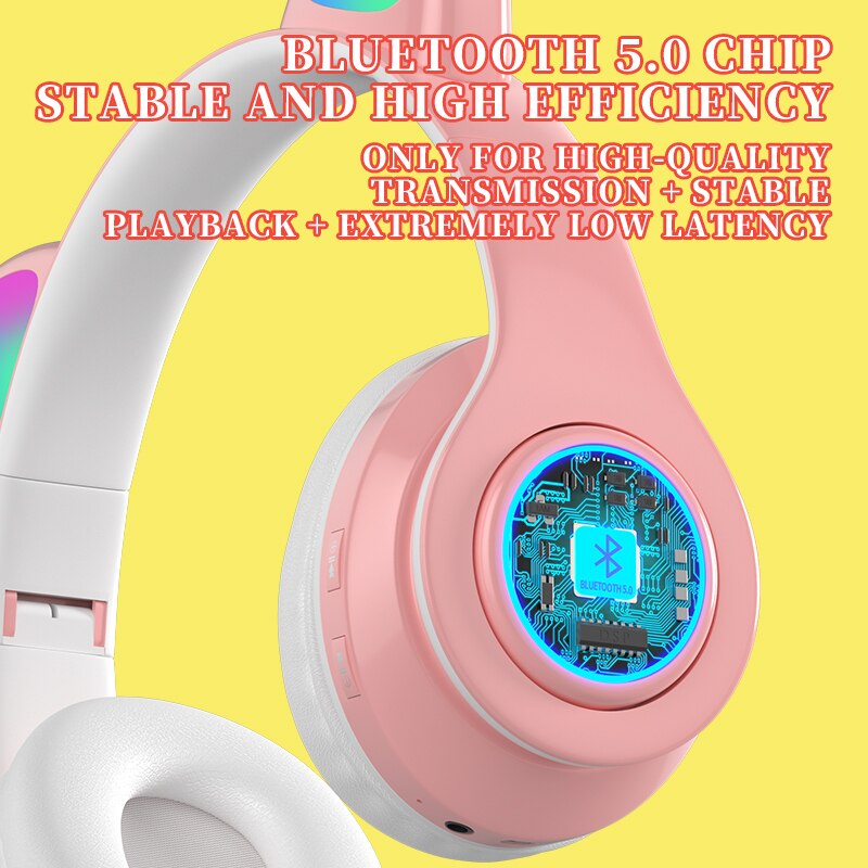 Roze Gaming Led Kat Ear Hoofdtelefoon Bluetooth Noise Cancelling Kids Meisje Headset Ondersteuning Tf-kaart Fm Radio Met Microfoon Draadloze + Bedrade