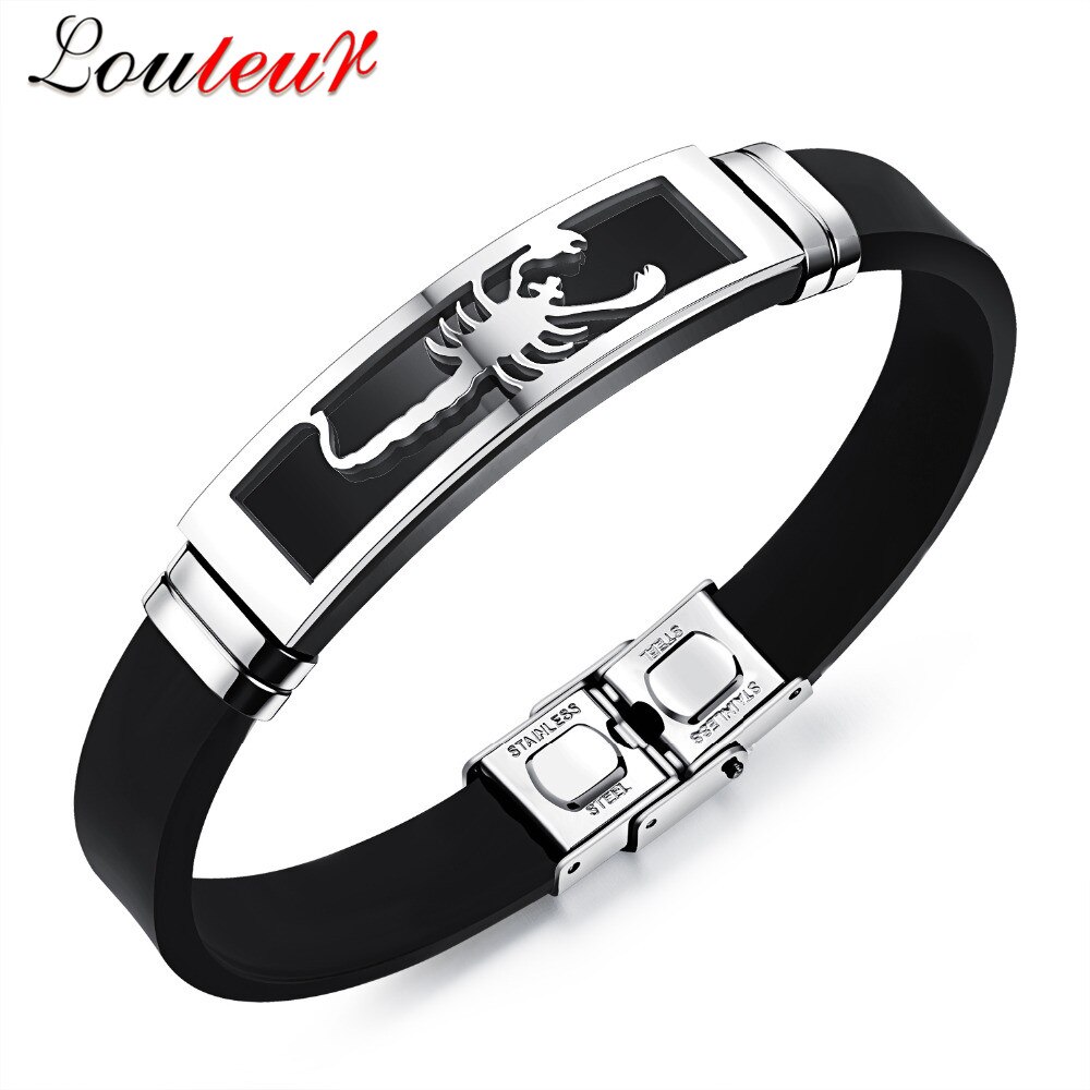 Louleur in Acciaio Inox Scorpione Zodiaco Braccialetto Degli Uomini Regolabile della Gomma di silicone braccialetto Braccialetti Degli Uomini Dei Monili Pulseras: argento
