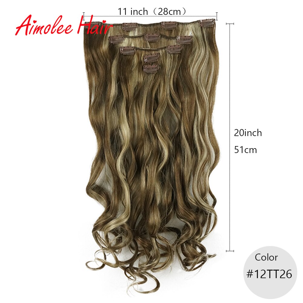 20 " lang 5 stk/sæt bølget sort brun highlight hair extension syntetisk 11 clips in on hair extensions varmebestandigt hårstykke: 12 tt 26