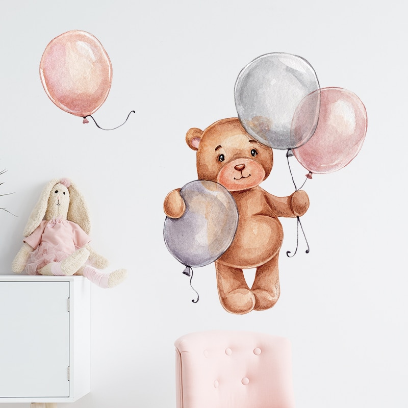 Standing Teddy Bear with Pink Grey Balloons Wall Stickers for Kids Room Baby Nursery Room Decoration BABY Shower Wall Decals PVC