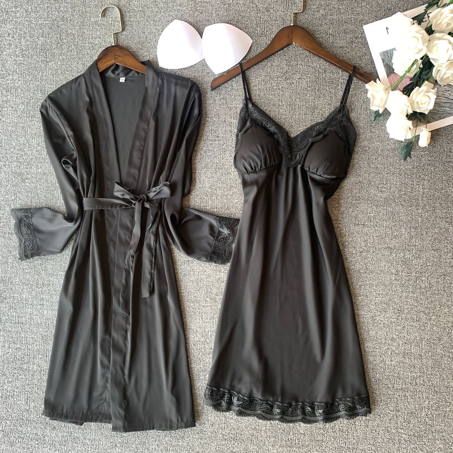 Pink Silk Rayon Nighty&amp;Robe Set Nightgown Sexy Lace Wedding Robe Sleepwear Spring Summer Kimono Bathrobe Gown Loose Home Dress: Black Robe Set / M