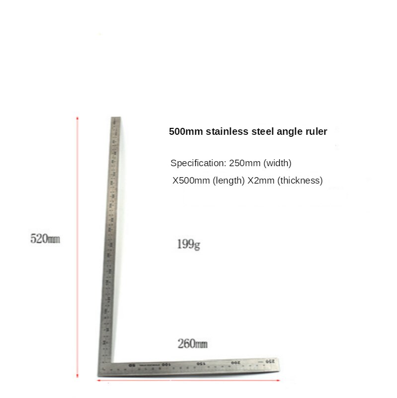 Angel 150 x 300mm 250 x 500mm Thicker 2mm Stainless Steel 90 Degree Right Angle Ruler for Woodworking / Office Measuring Tools: 250x 500