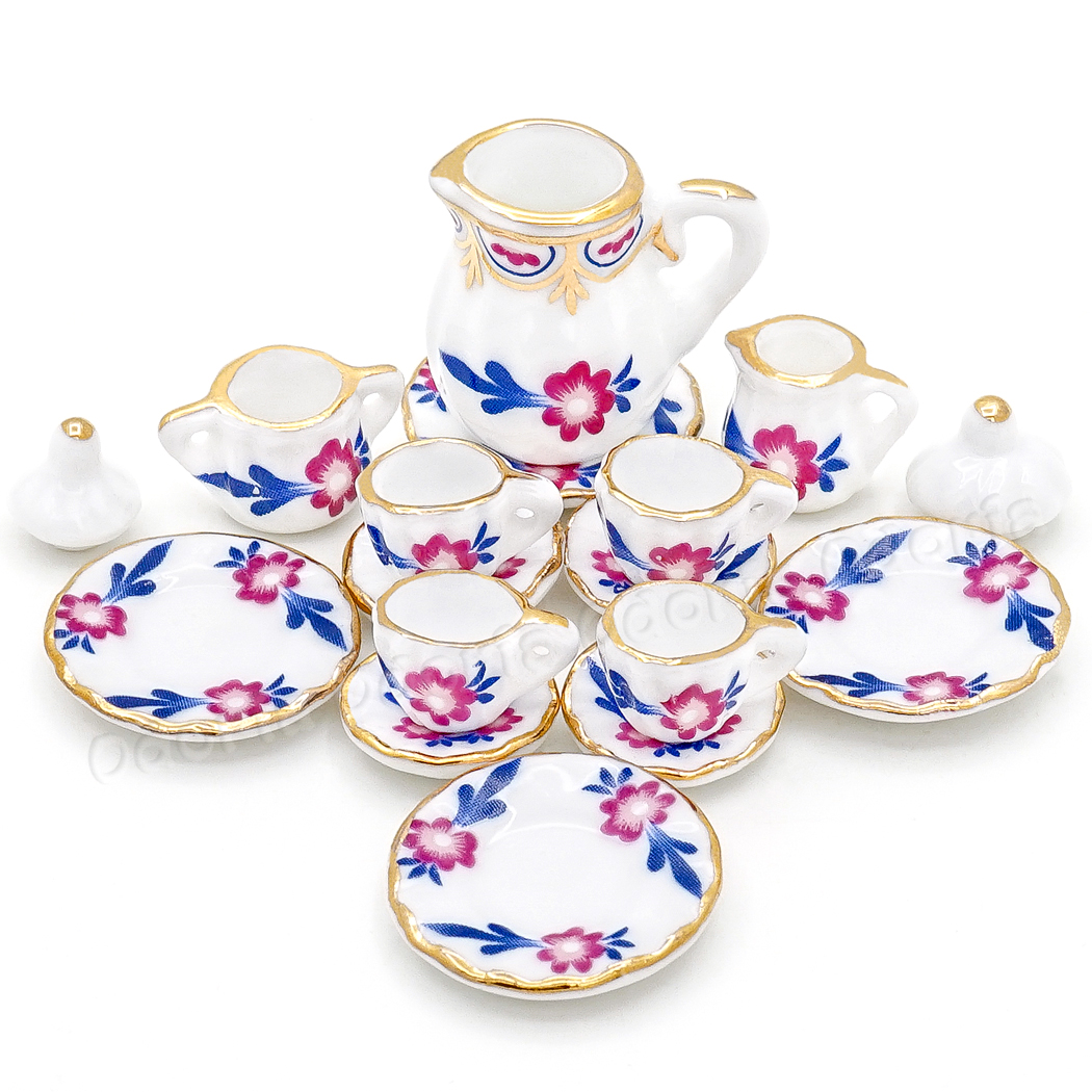 Odoria 1:12 Miniature 15pcs Porcelain Tea Cup Set Chintz Flower Tableware Kitchen Dollhouse Accessories Decor ( 14 Patterns ): Blue Purple Flower