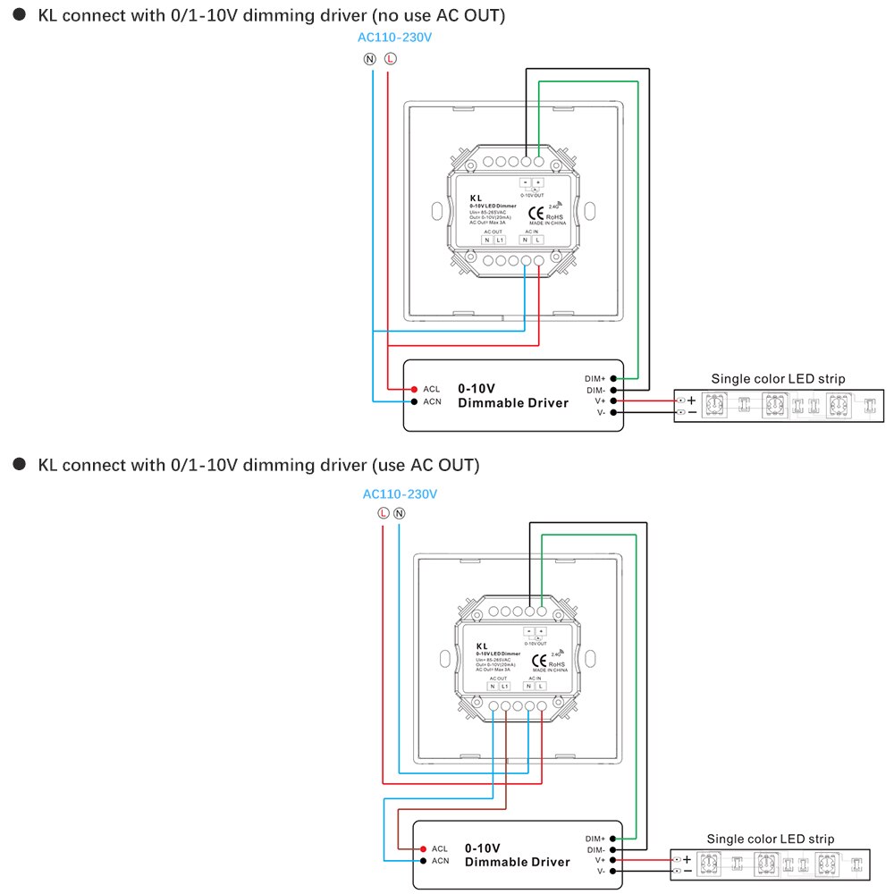 1CH Rotary Panel output 0-10V LED Dimmer 2.4G 4-zone RFremote control KL 0-10v dimmer input AC85-265V