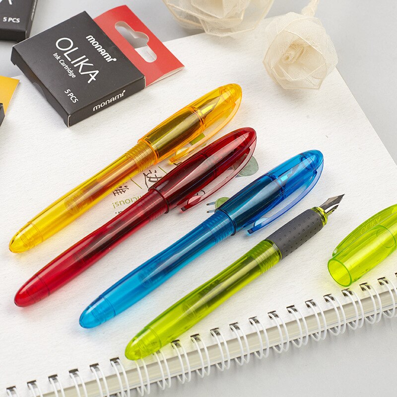 Korean Monami OLIKA Transparent Candy Color Ink Fountain Pen Set 0.5mm Meduim Fine Nib School PVC Plastic Sign Pen Ink Cartridge