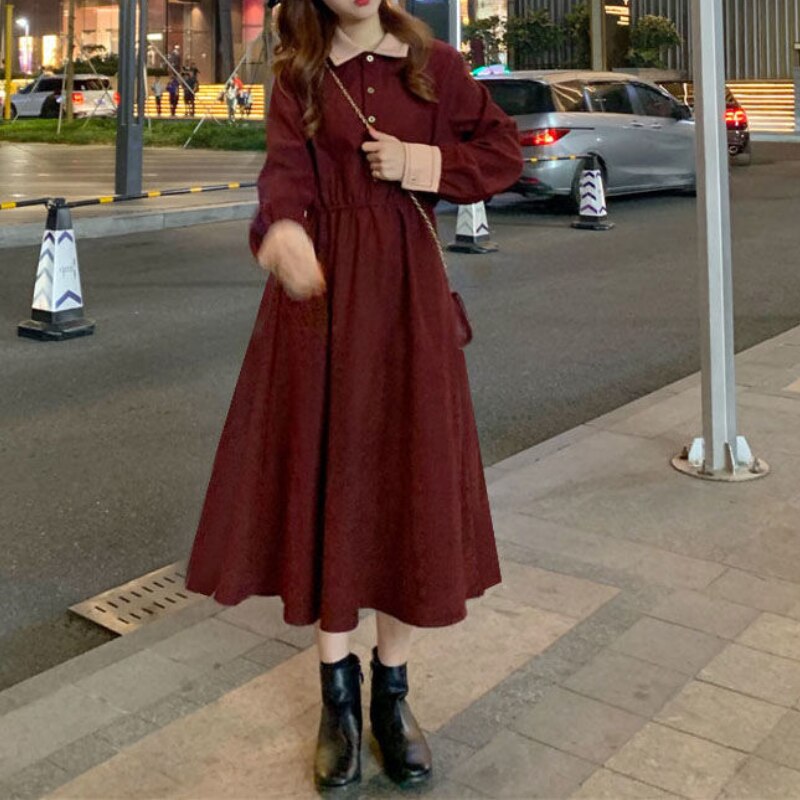 Houzhou Elegante Jurk Vrouwen Zoete Preppy Stijl Lange Mouw Jurk Fairy Vintage Casual Losse Outfits Party Koreaanse Lente Herfst: Red / S