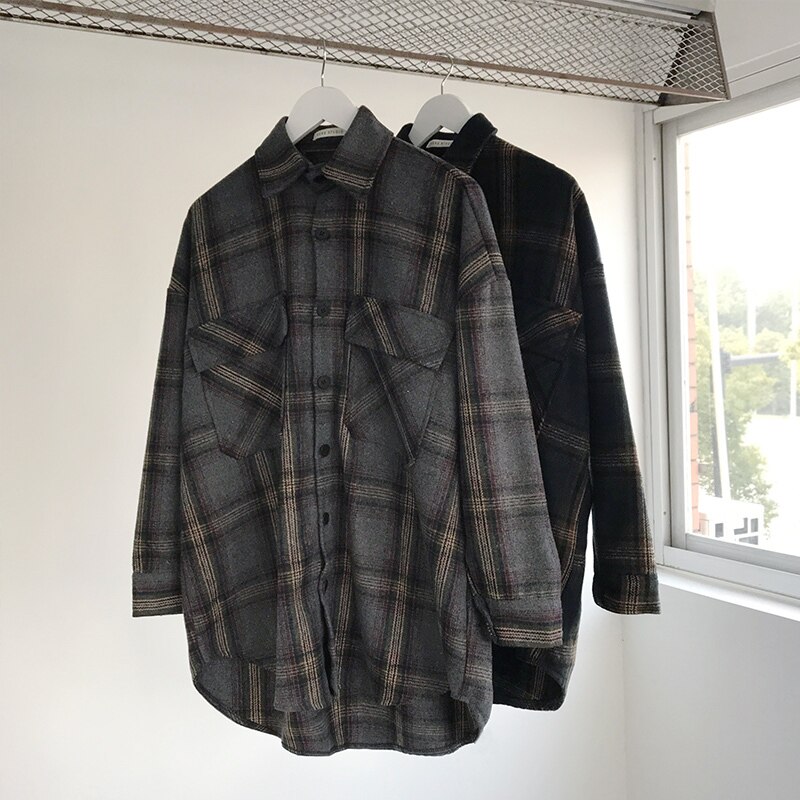 Efterår personlighed trend retro plaid bomuld stor størrelse løs afslappet skjorte jakke herre grå / sort s-xl
