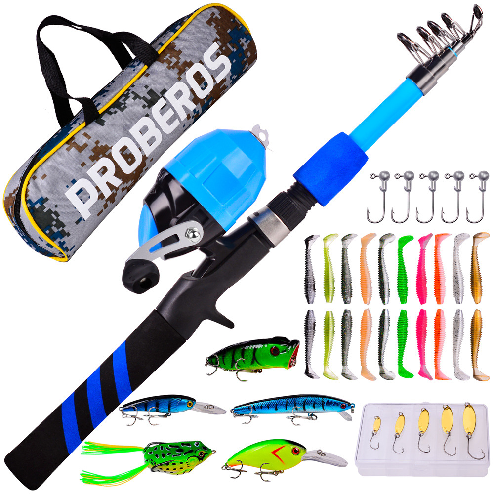 1KIT Kids Fishing Pole Portable&amp;Reel Set 1.5-1.8m Spincast Reel Telescopic Fishing Rod Lures Fishhooks Kit for Children Peche