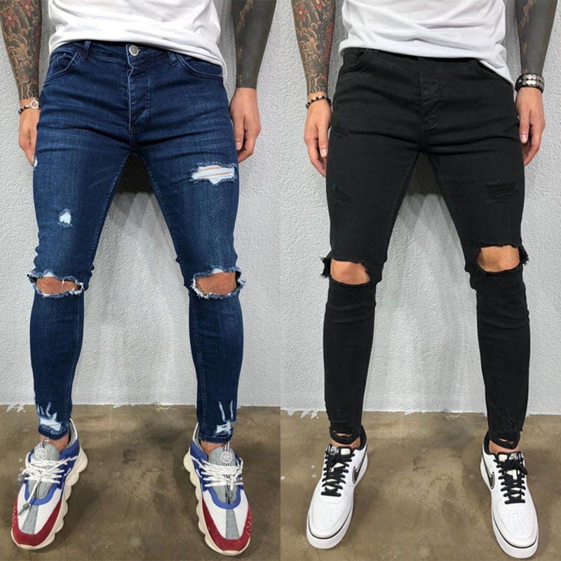 Knæhullede jeans mænd mager blå & sort high street stil elastik slank flosset afslappet mænds bukser bukser biker jeans