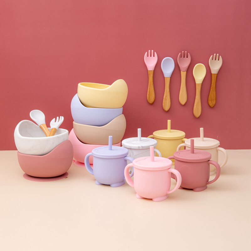 Baby Silicone Bowl Fork Spoon Straw Cup Set Silicone Bowl &amp; Spoon Learning Dishes Tableware Suction Bowl BPA Free Baby Product