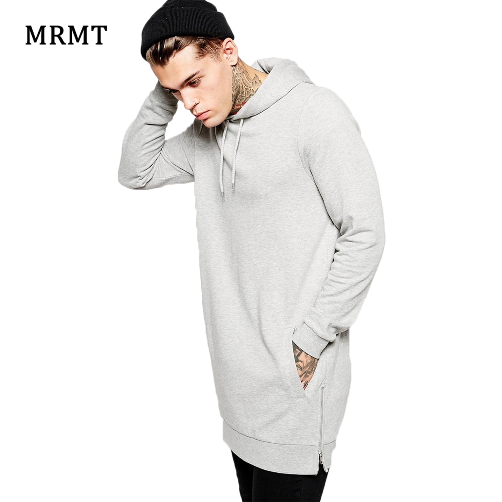 Men's Long Grey Hoodies Sweatshirts Feece With Side Zipper Longline Hip Hop Streetwear Shirt Tops Longline