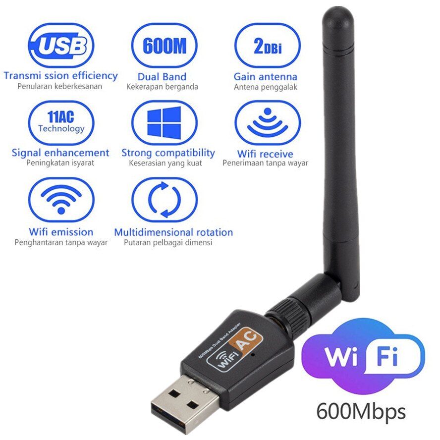 802.11AC Dual Band 600Mbps Wireless USB Wifi Adapter 2.4GHz/5GHz USB Dongle Wireless Network Card Adapter For Desktop/Laptop/PC