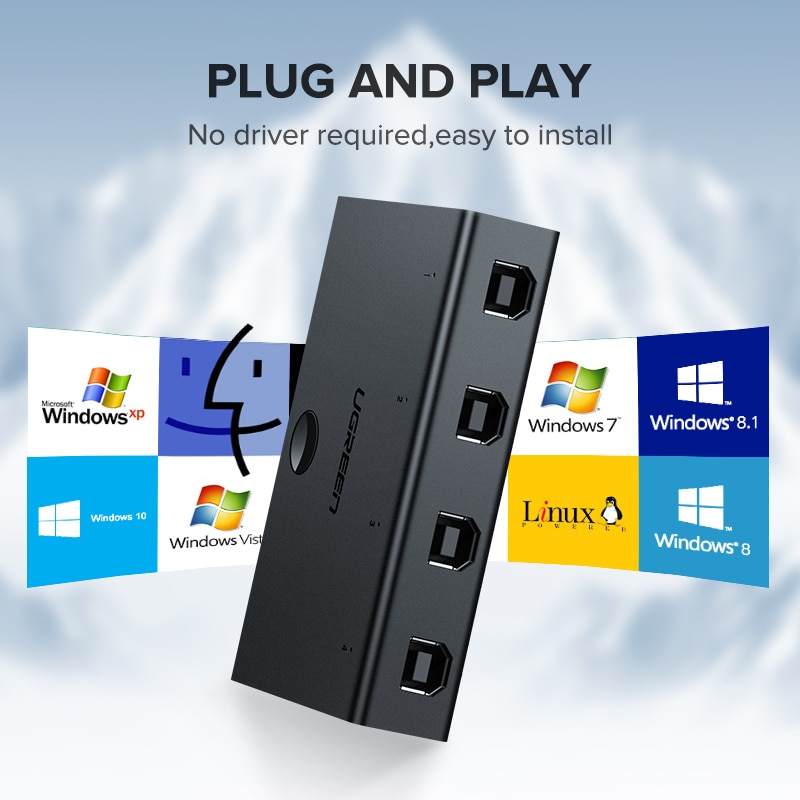 Ugreen KVM Switch USB Sharing Switcher 4/2 PCs Share 1 Device 4/2 Port KVM Selector for Keyboard Printer Monitor USB Switch