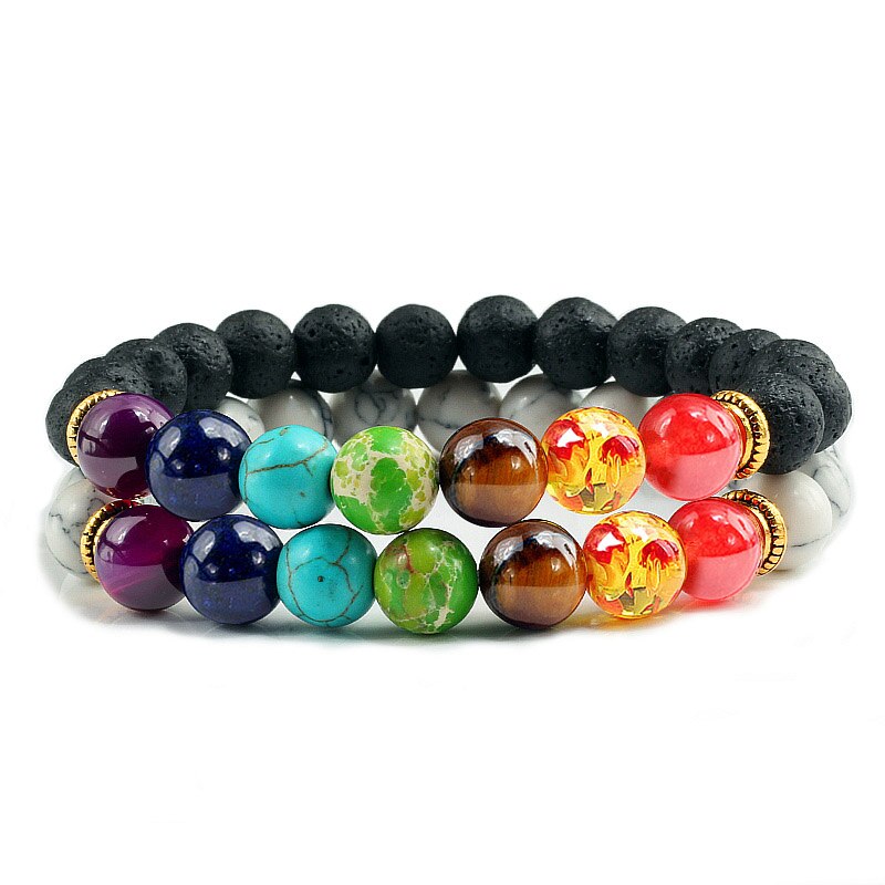 2 Stks/set 7 Chakra Lava Tijger Ogen Kralen Armbanden Healing Balans Boeddha Kleurrijke Natuursteen Mannen Armband Sieraden voor Vrouwen: Lava Black Stripe