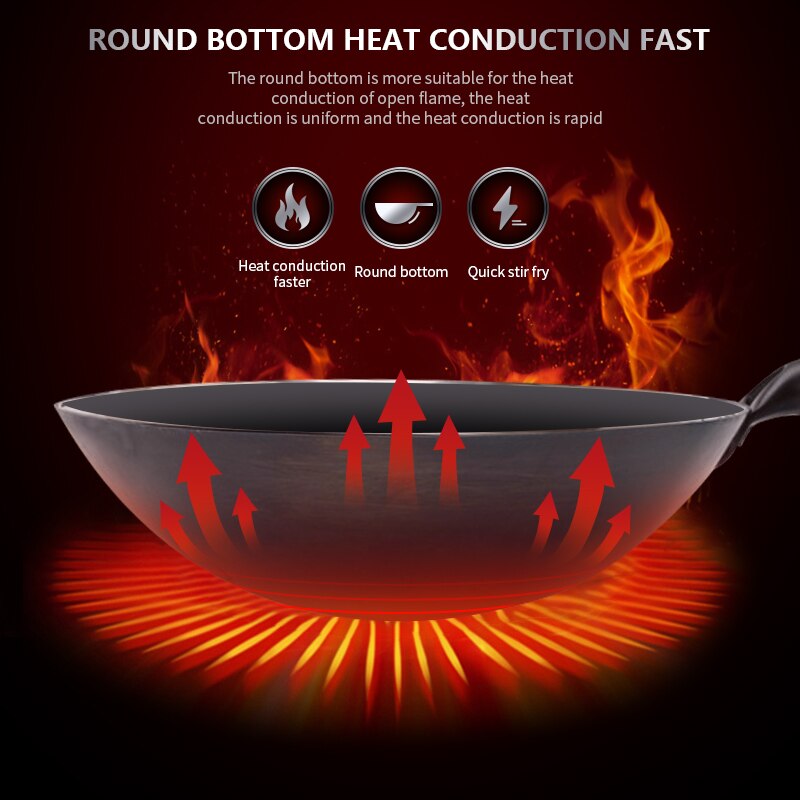 Iron wok China Traditional Wok Handmade Non-coating Woks with Wooden Handle For Kitchen Gas Cookware 1 to 2 People