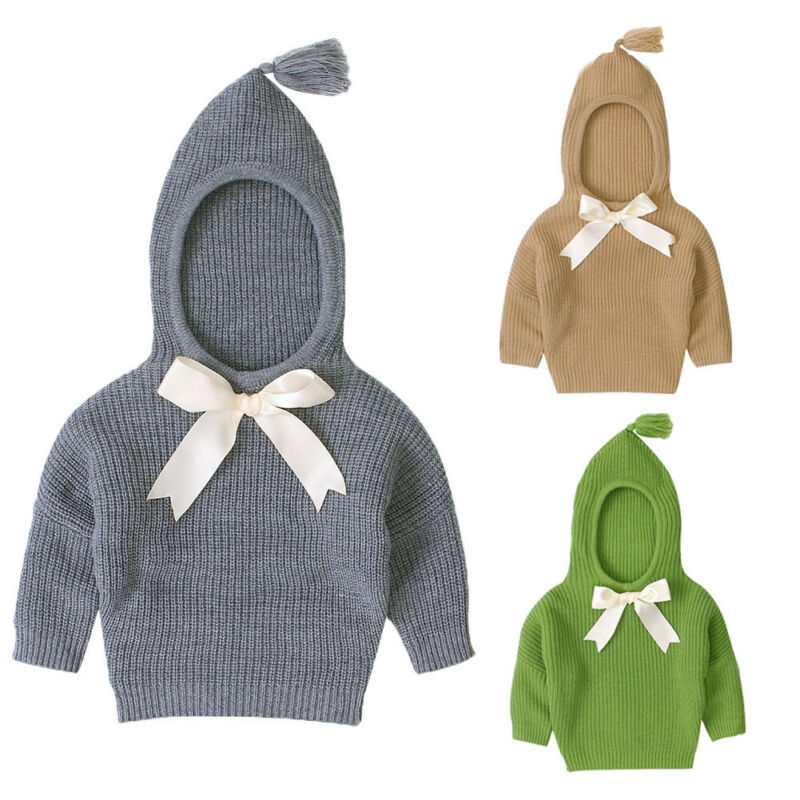 Herbst Herbst Winter Neugeborenen Kleinkind Baby Mädchen Stricken Mit Kapuze Warme Pullover Top Bowknot Feste Kleidung