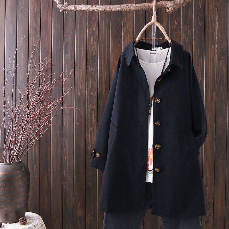 Forår efterår trenchcoats kvinder enkeltradet afslappet vindjakke kvindelig løs lang frakke vintage outwear  p783: Sort / Xl