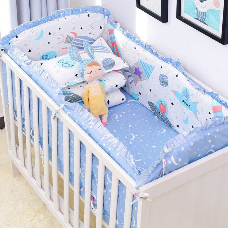 5pcs Cotton Baby Bedding Set Washable Toddler Crib Bumper Bed Sheet Pillowcase bumper is removable: blue