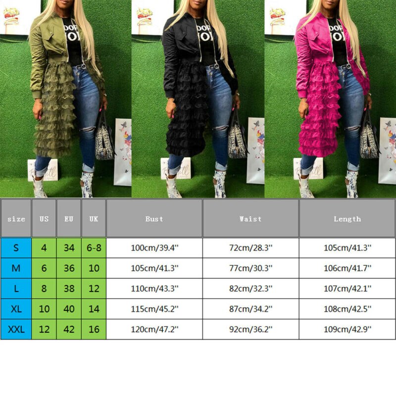 Style Patchwork Mesh Coats Zip Up Women Long Sleeve Casual Ruffled Mesh Sheer Patchwork Long Jacket Coat