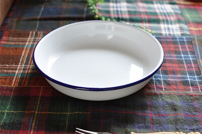 D 22 cm deep plate Enamel deep dish baking dish pasta dish round deep white with blue red side 8.5 inches