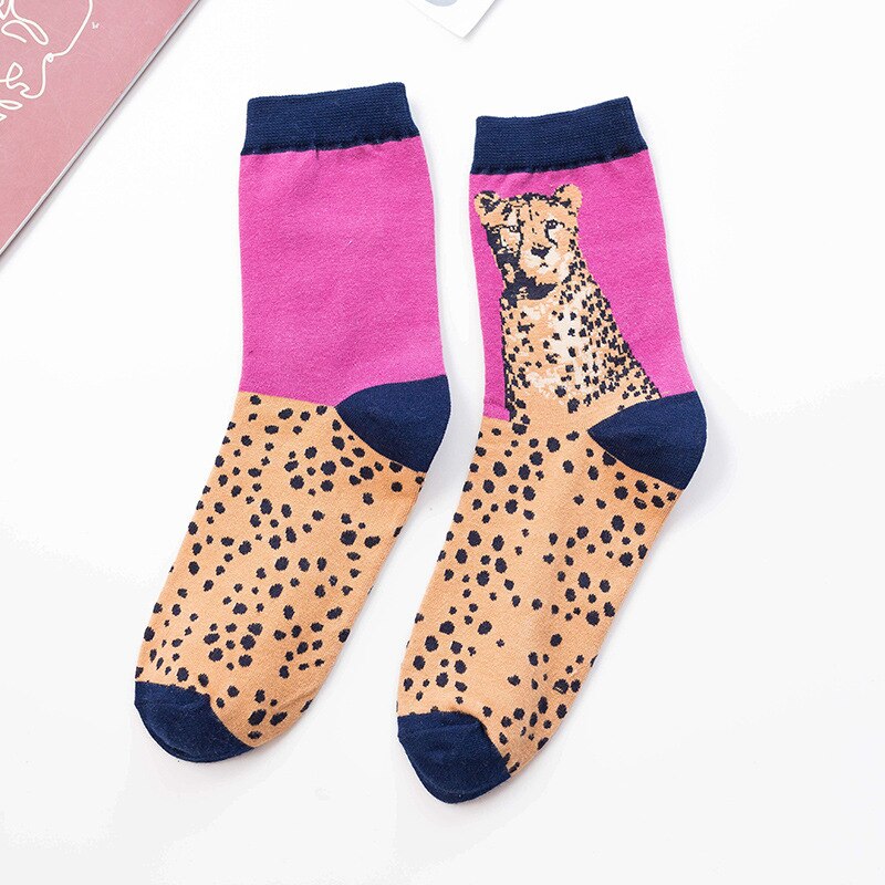 Vintage leopard djur strumpor kvinnor flickor streetwear tecknad skal fisk fjäril sjöjungfru panter hund katt bomullsstrumpor