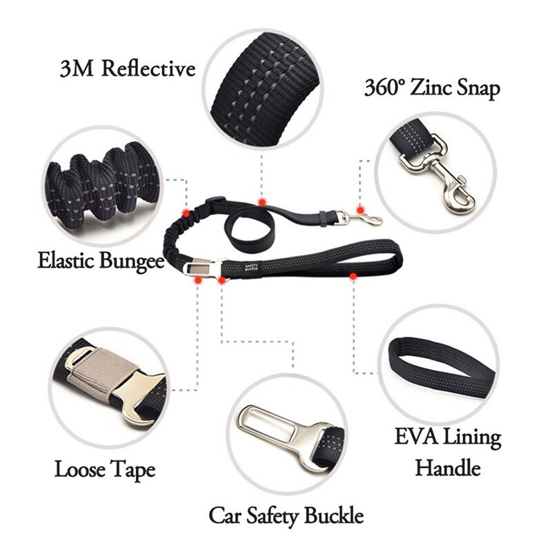 Reflekterende strikk hundebånd uttrekkbart kjæledyrbånd med bilsikkerhetsspenne for små mellomstore og store hunder
