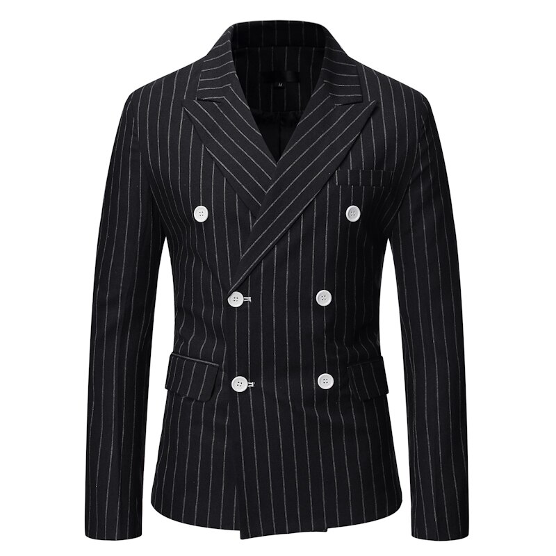 Men's Double Brested Pinstripe Suit Jacket Brand Slim Fit Notched Lapel Dress Blazer Men Casual Business Formal Blazer Masculino: black / L
