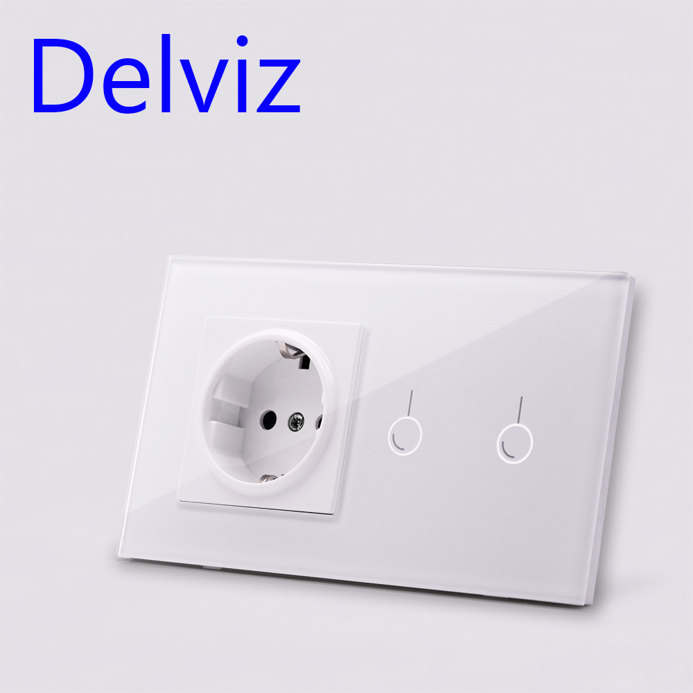 Delviz EU Standard Wall Switch Socket, 2Gangs 1Way/2Way,Model 146,mains jack,Home Touch Screen Light Switch, Crystal Glass Panel
