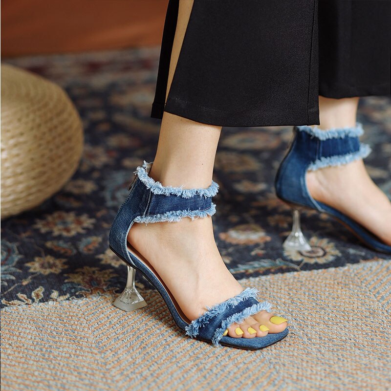 Sgesvit-Sandalias vaqueras con flecos para mujer, zapatos clásicos de Punta abierta, de verano, con tacón alto, color azul,