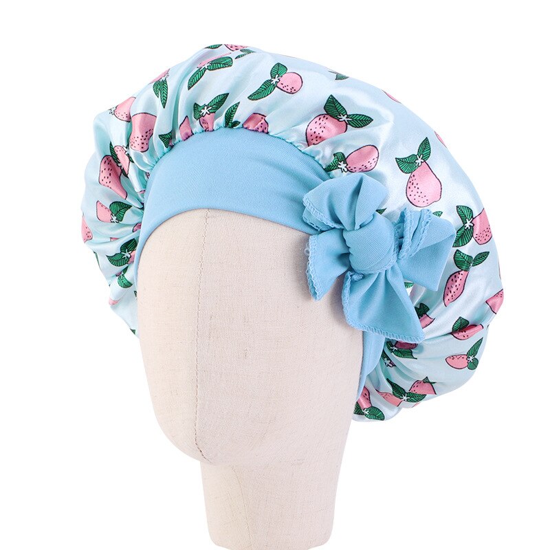 Gorro de satén para dormir para niño y niña, gorro de ducha de seda para niño, gorro de pelo para niño y niña, gorro de dormir de seda con lazo de banda estampado de flores