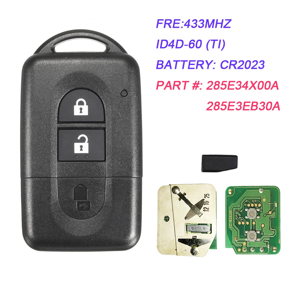 Tarjeta de 3 botones para Nissan Qashqai Pathfinder x-trail, clave remota inteligente de 433MHz, 4D-60, 285E3-4X00A / 285E3-EB30A
